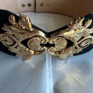 Balmain Black Waist Belt with Ornate Gold-Plated Filigree Buckle